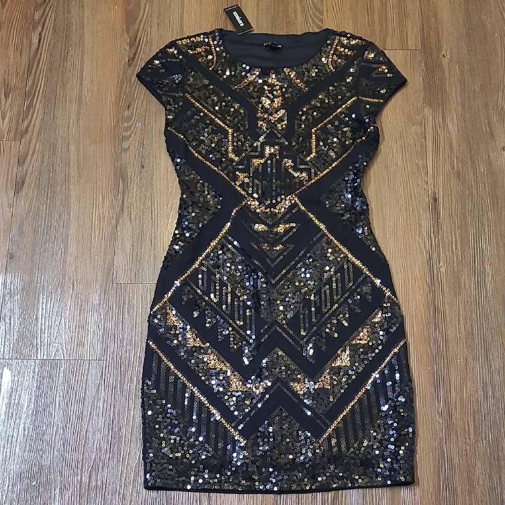 Express Black Mini Dress with Gold Sequin Geometric Detail